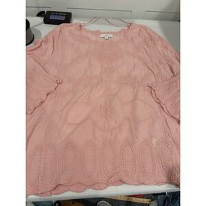 New Directions Curvy Pink Embroidered Cotton Blouse Plus Size 3X Boho Scoop Neck